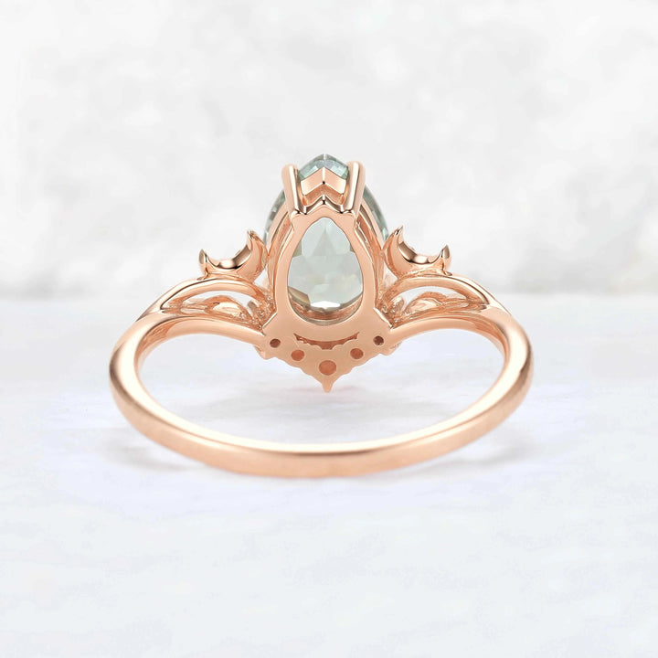 Nature Inspired Pear Cut Lab Green Sapphire Moon and Leaf Ring