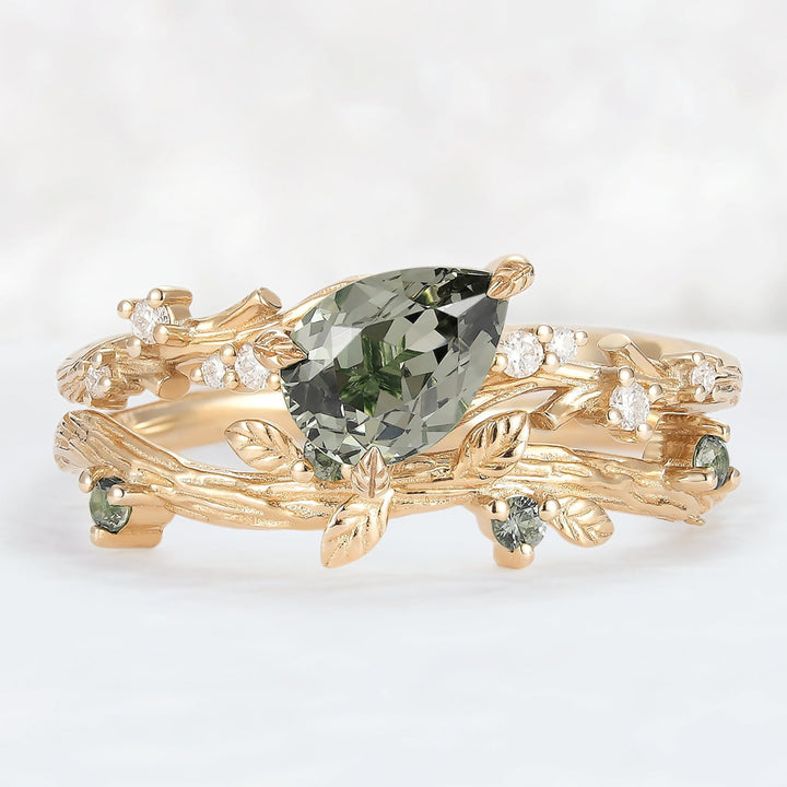 Nature Inspired Pear Cut Lab Green Sapphire and Moissanite Vine Ring Set 2pcs