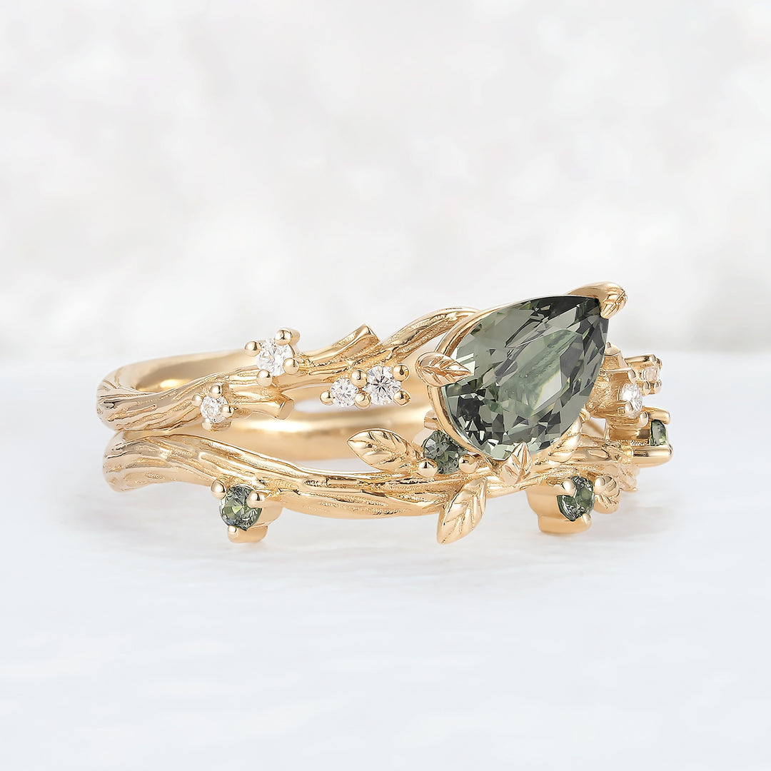 Nature Inspired Pear Cut Lab Green Sapphire and Moissanite Vine Ring Set 2pcs