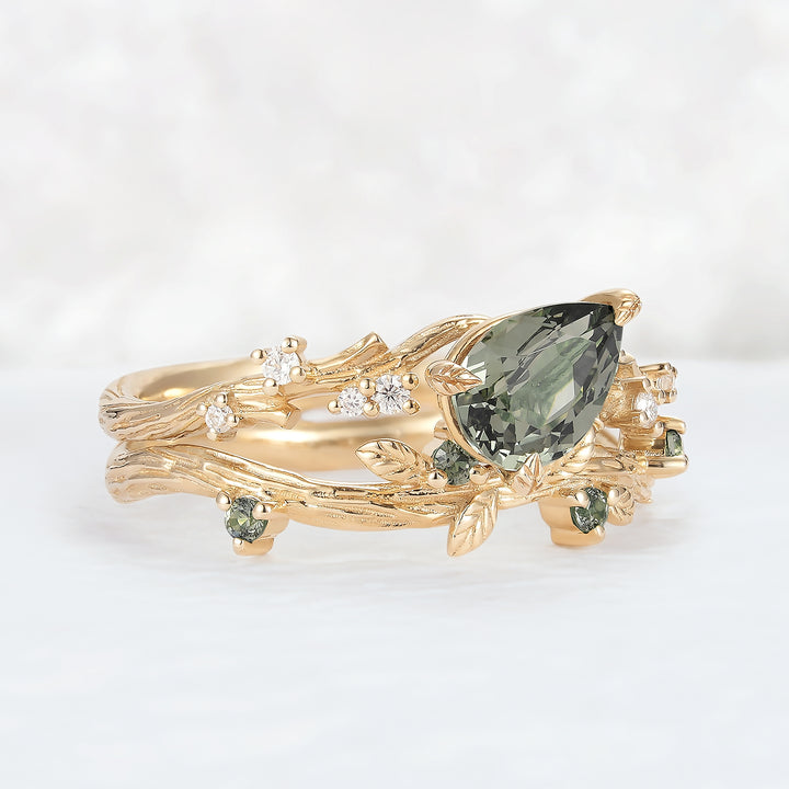 Nature Inspired Pear Cut Lab Green Sapphire and Moissanite Vine Ring Set 2pcs