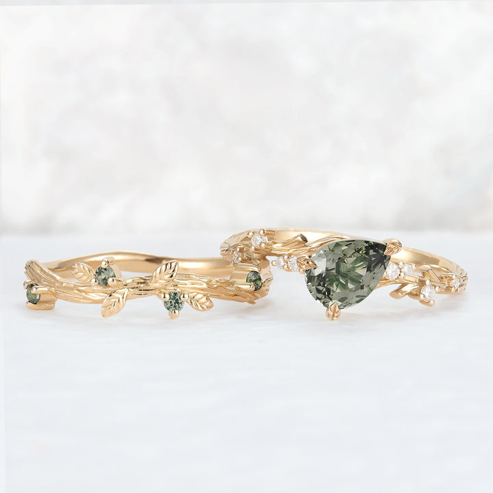 Nature Inspired Pear Cut Lab Green Sapphire and Moissanite Vine Ring Set 2pcs