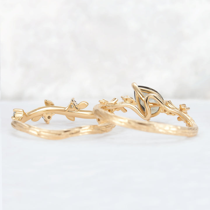 Nature Inspired Pear Cut Lab Green Sapphire and Moissanite Vine Ring Set 2pcs