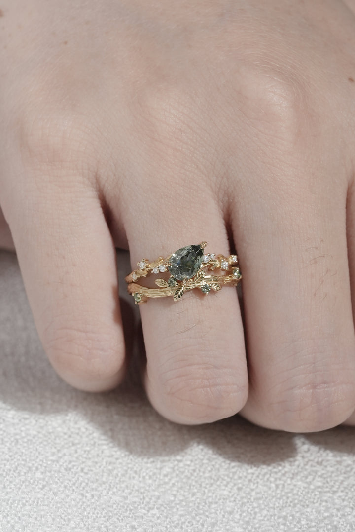Nature Inspired Pear Cut Lab Green Sapphire and Moissanite Vine Ring Set 2pcs