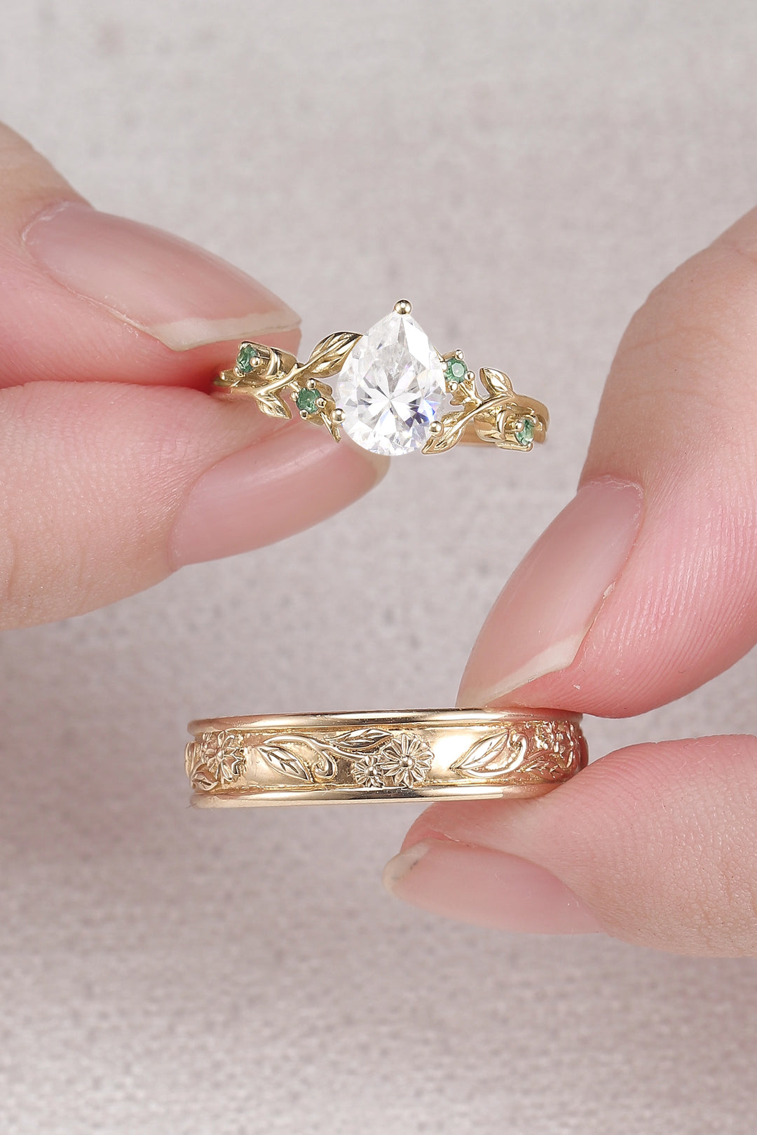 Nature Inspired Pear Cut Moissanite Couple Ring Set with Leaf & Flower Bands | Flora Garden