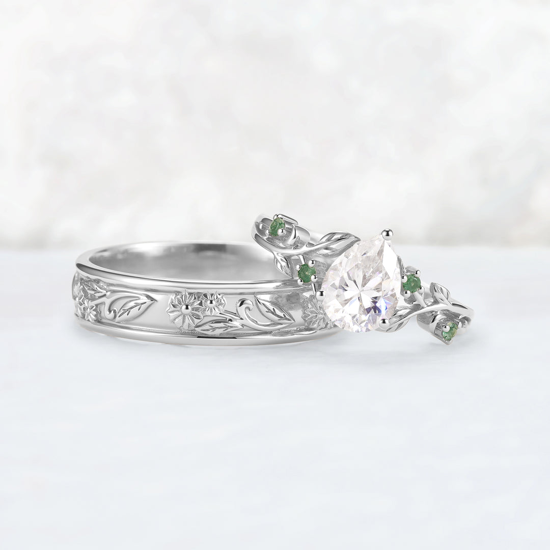 Nature Inspired Pear Cut Moissanite Couple Ring Set with Leaf & Flower Bands | Flora Garden