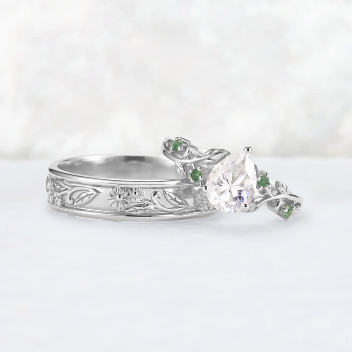 Nature Inspired Pear Cut Moissanite Couple Ring Set with Leaf & Flower Bands | Flora Garden