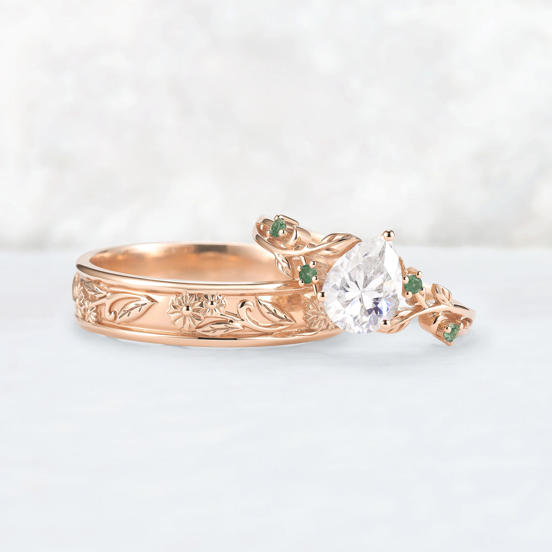 Nature Inspired Pear Cut Moissanite Couple Ring Set with Leaf & Flower Bands | Flora Garden