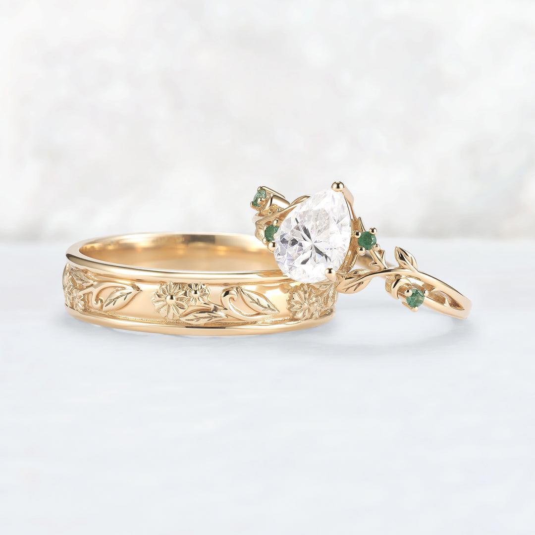 Nature Inspired Pear Cut Moissanite Couple Ring Set with Leaf & Flower Bands | Flora Garden
