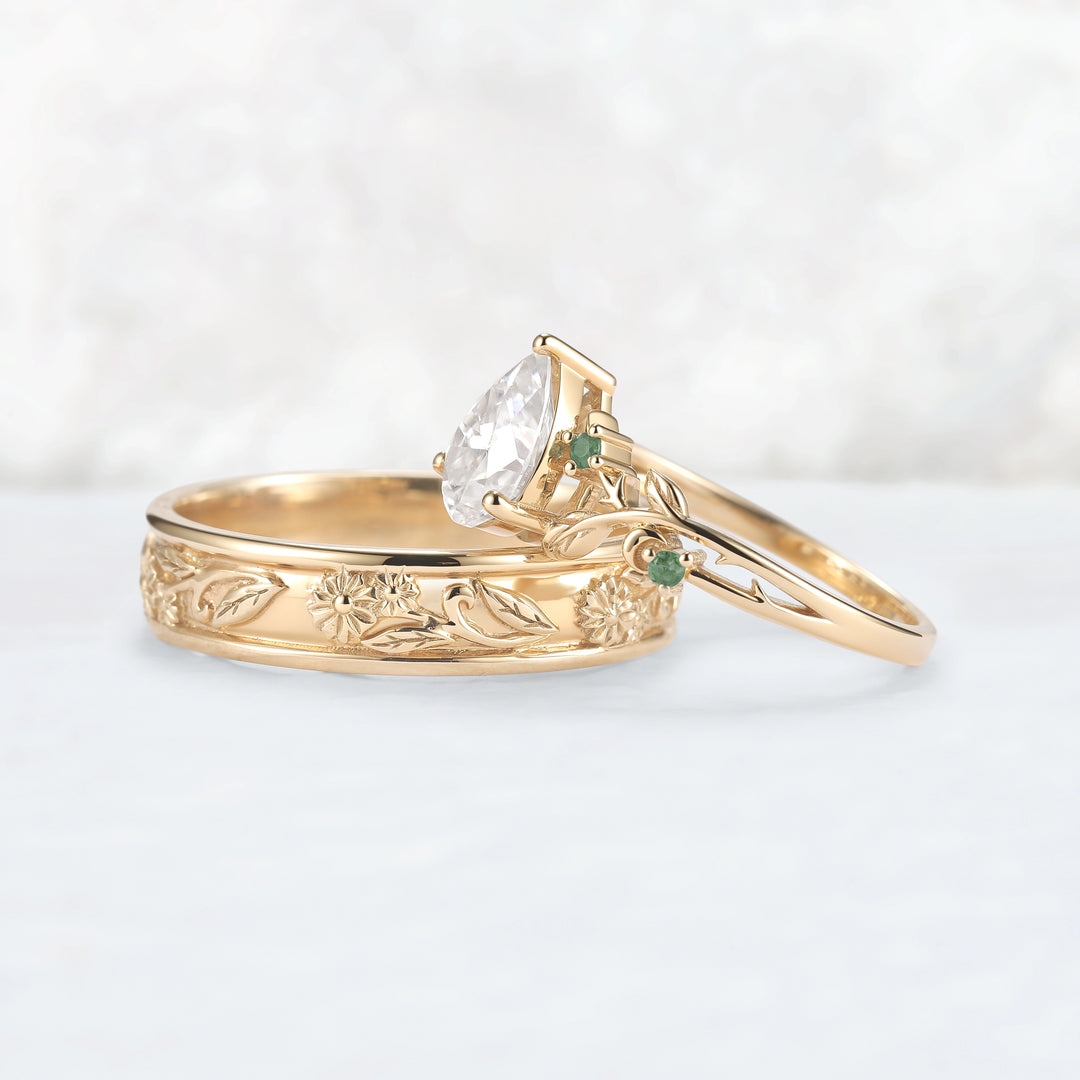 Nature Inspired Pear Cut Moissanite Couple Ring Set with Leaf & Flower Bands | Flora Garden