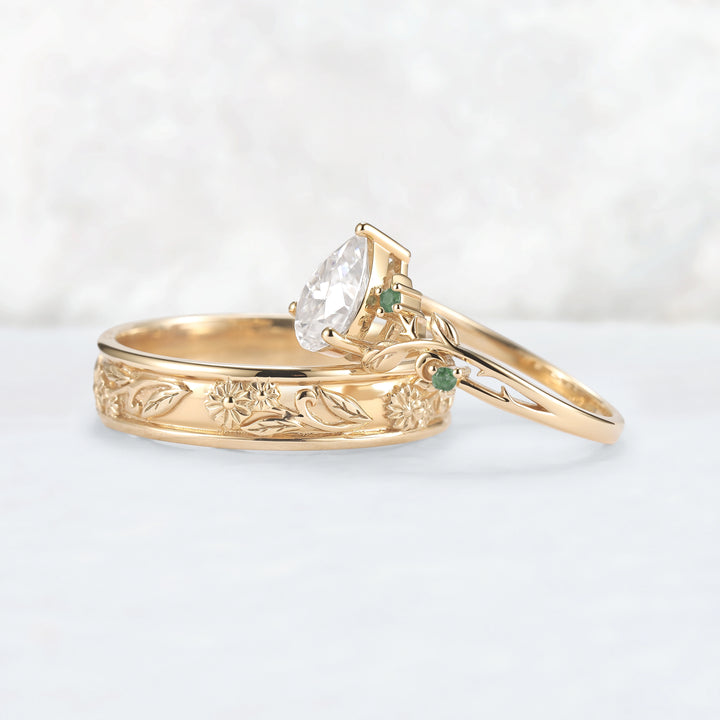Nature Inspired Pear Cut Moissanite Couple Ring Set with Leaf & Flower Bands | Flora Garden
