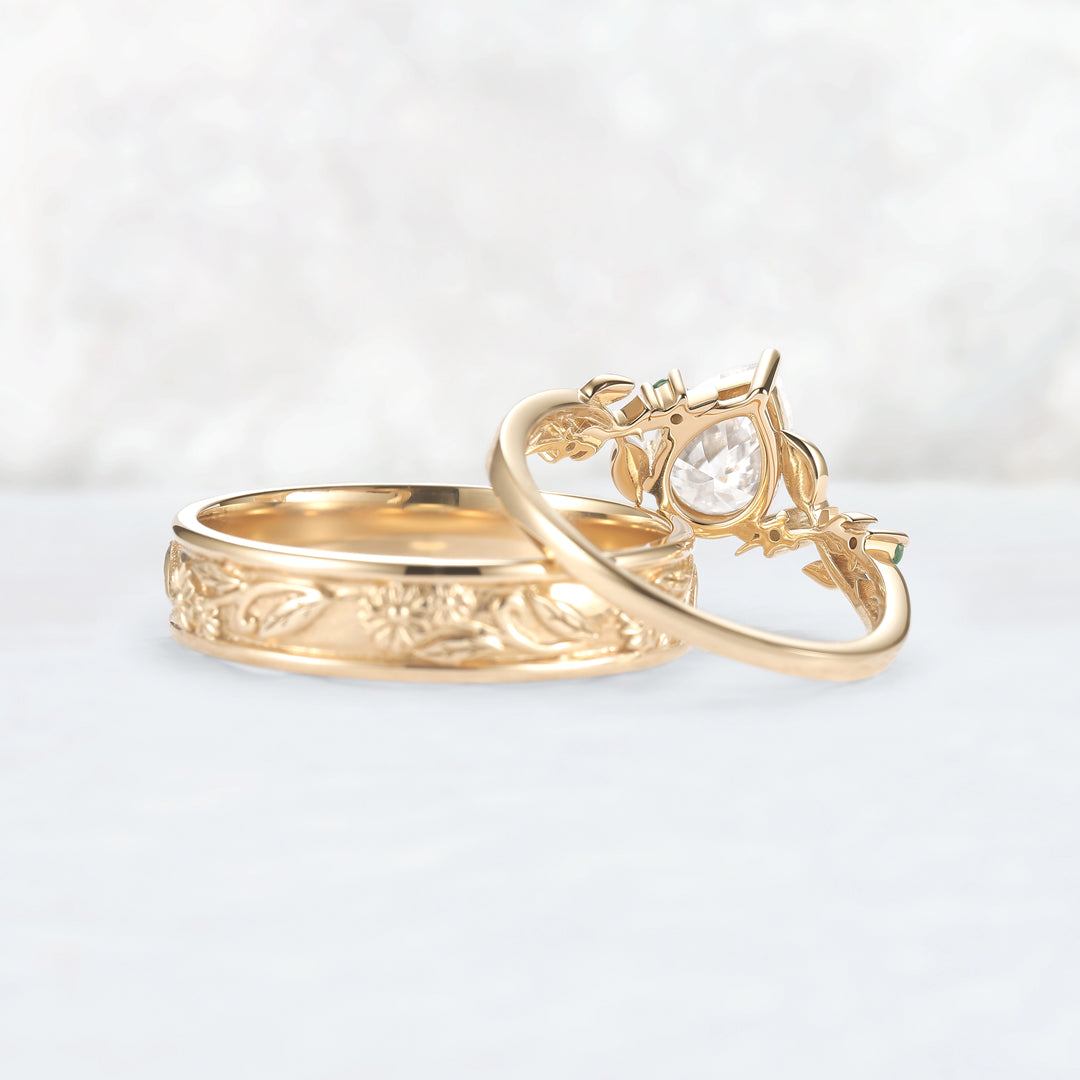 Nature Inspired Pear Cut Moissanite Couple Ring Set with Leaf & Flower Bands | Flora Garden