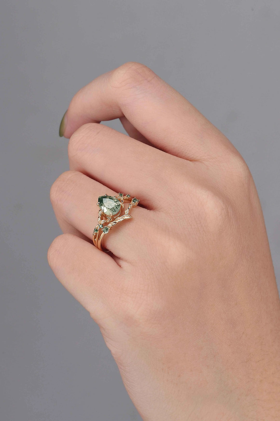 Nature Inspired Pear Cut Moissanite Leafy Gemstone Ring 2pcs