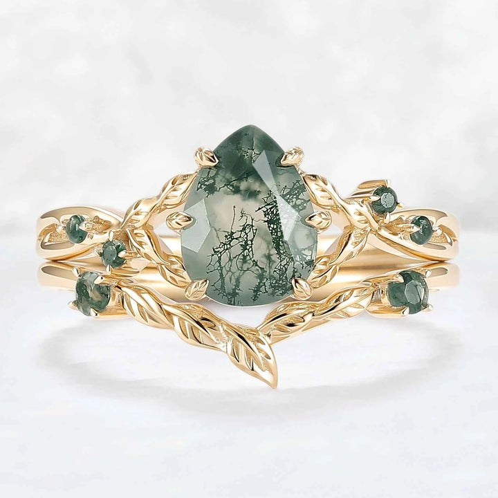 Nature Inspired Pear Cut Moissanite Leafy Gemstone Ring 2pcs