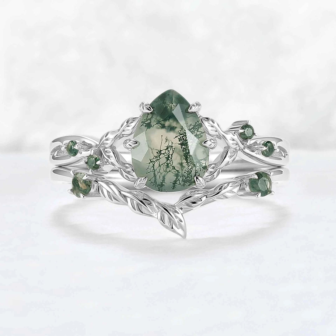 Nature Inspired Pear Cut Moissanite Leafy Gemstone Ring 2pcs