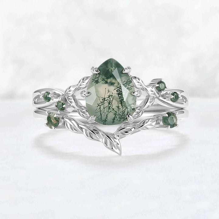 Nature Inspired Pear Cut Moissanite Leafy Gemstone Ring 2pcs