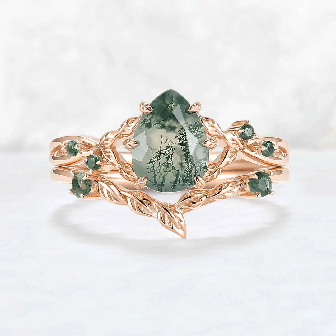 Nature Inspired Pear Cut Moissanite Leafy Gemstone Ring 2pcs