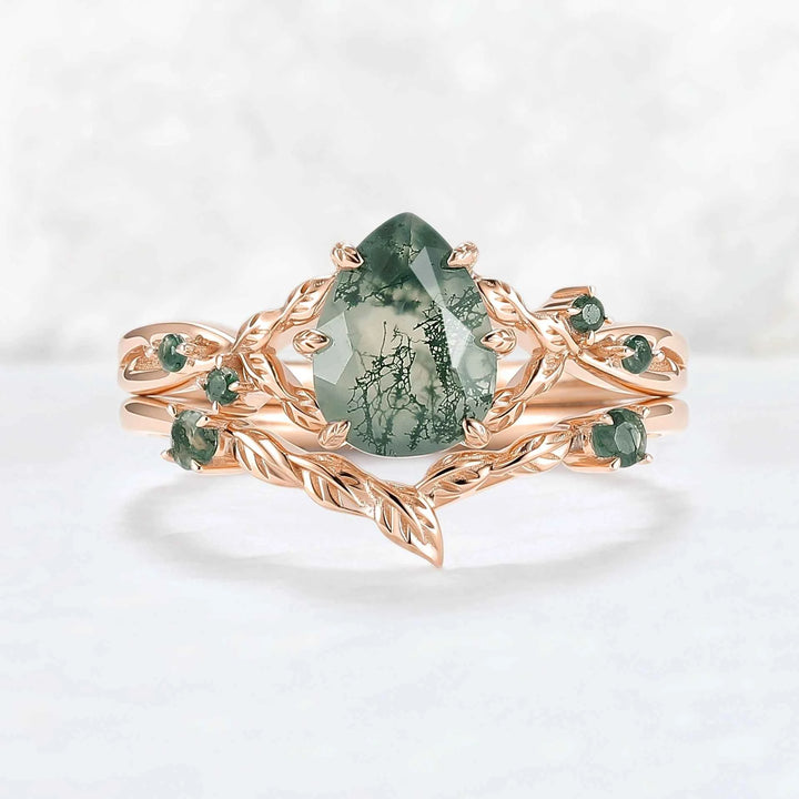 Nature Inspired Pear Cut Moissanite Leafy Gemstone Ring 2pcs