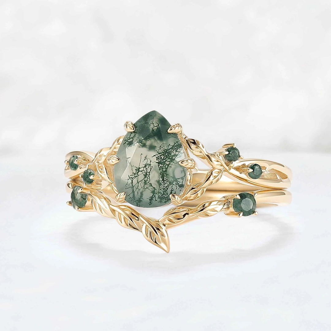 Nature Inspired Pear Cut Moissanite Leafy Gemstone Ring 2pcs