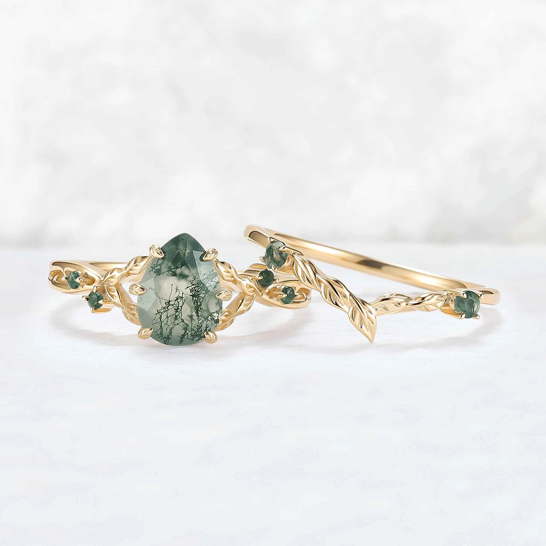Nature Inspired Pear Cut Moissanite Leafy Gemstone Ring 2pcs
