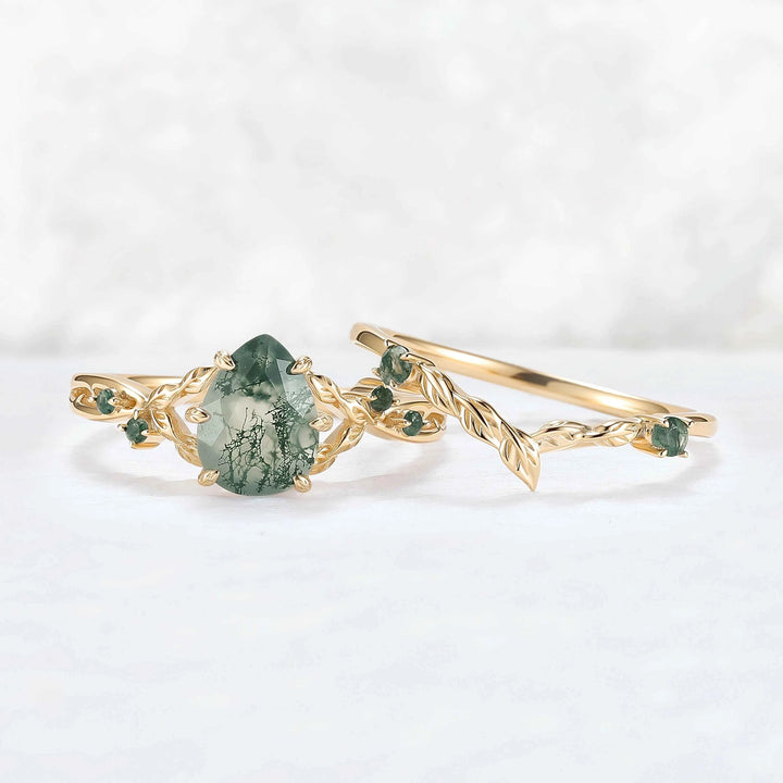 Nature Inspired Pear Cut Moissanite Leafy Gemstone Ring 2pcs