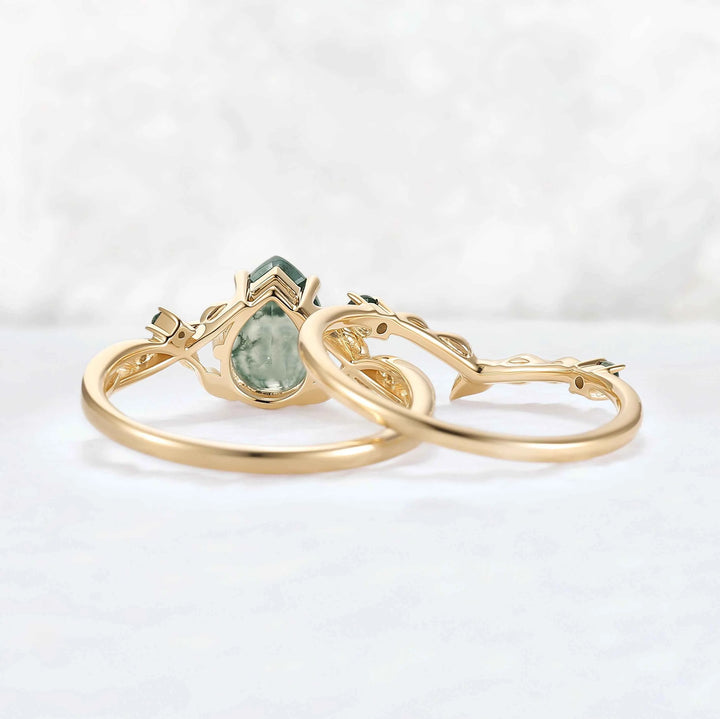 Nature Inspired Pear Cut Moissanite Leafy Gemstone Ring 2pcs