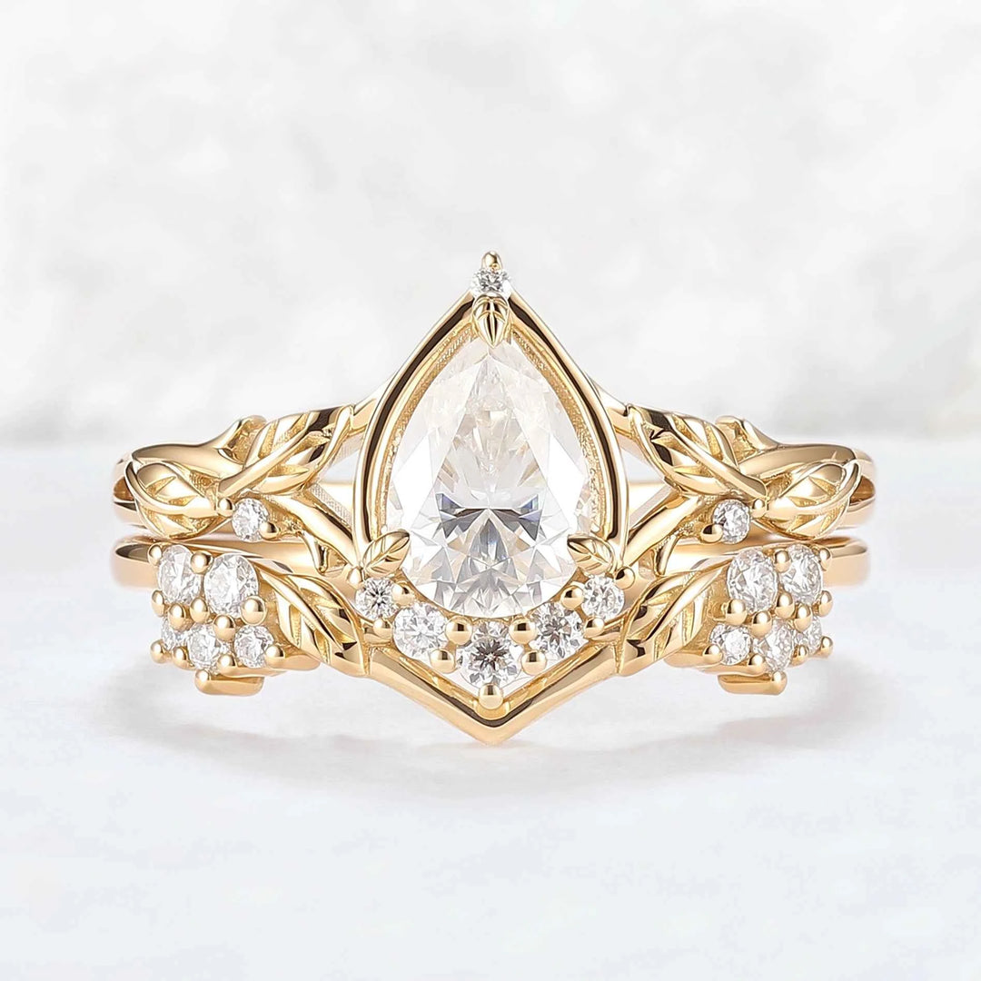 Nature Inspired Pear Cut Moissanite Leaves Gemstone Ring Set 2pcs