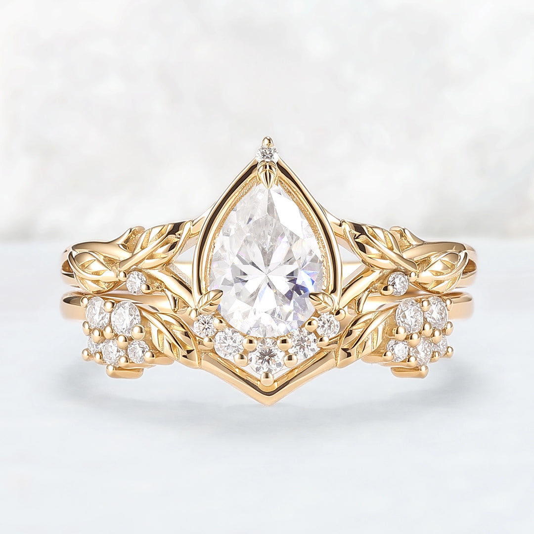Nature Inspired Pear Cut Moissanite Leaves Gemstone Ring Set 2pcs
