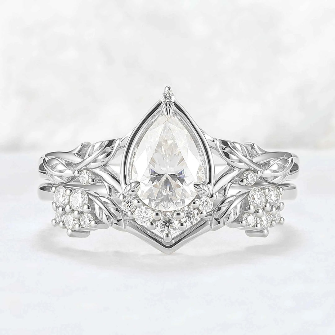 Nature Inspired Pear Cut Moissanite Leaves Gemstone Ring Set 2pcs