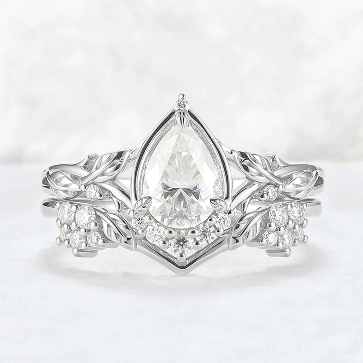Nature Inspired Pear Cut Moissanite Leaves Gemstone Ring Set 2pcs