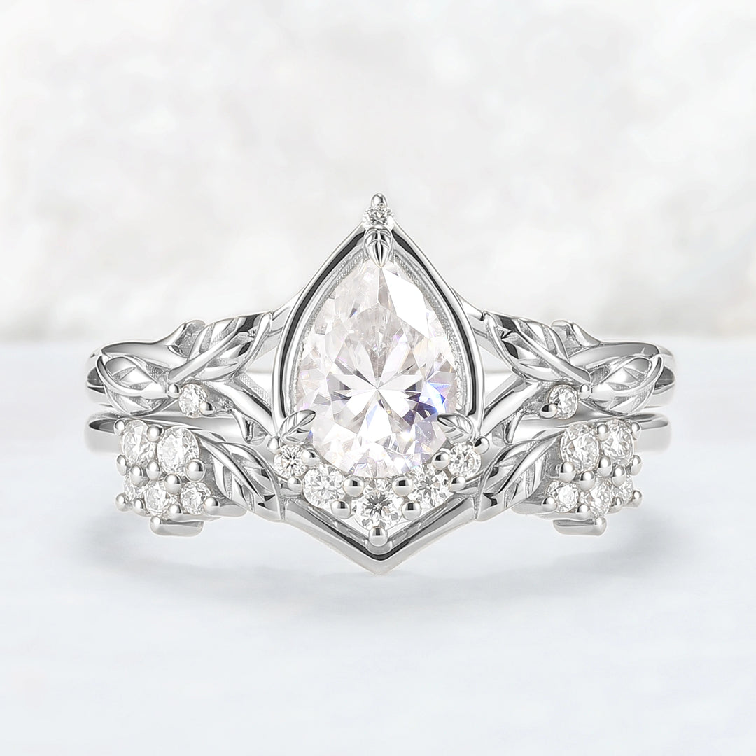 Nature Inspired Pear Cut Moissanite Leaves Gemstone Ring Set 2pcs