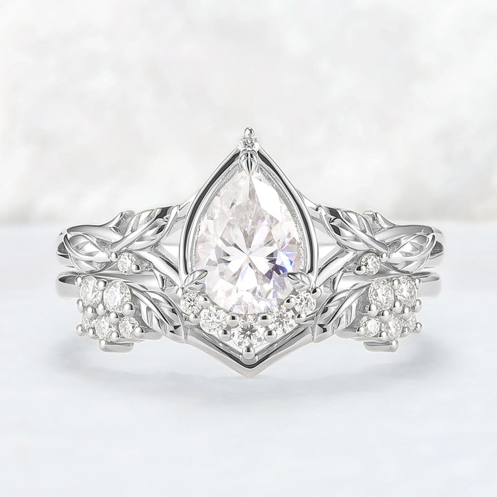 Nature Inspired Pear Cut Moissanite Leaves Gemstone Ring Set 2pcs