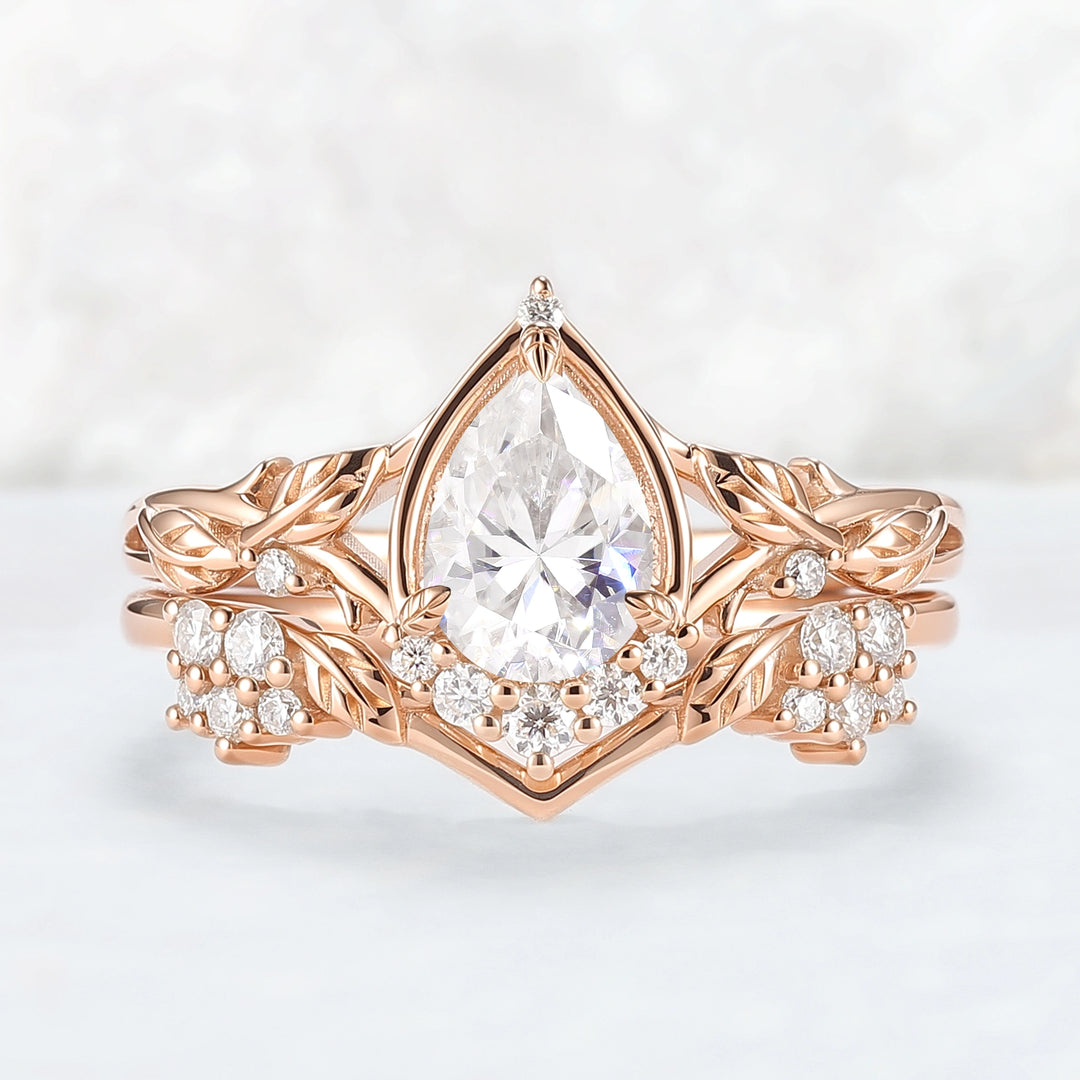 Nature Inspired Pear Cut Moissanite Leaves Gemstone Ring Set 2pcs