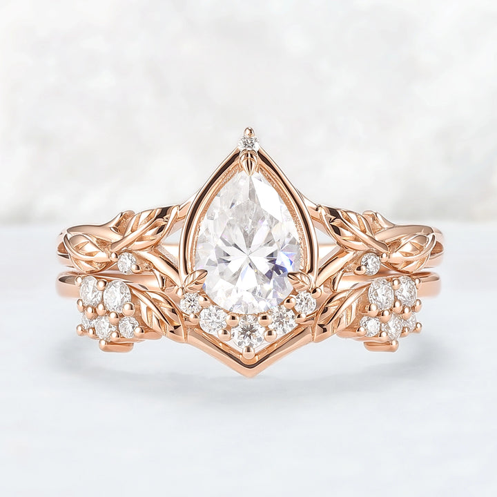 Nature Inspired Pear Cut Moissanite Leaves Gemstone Ring Set 2pcs