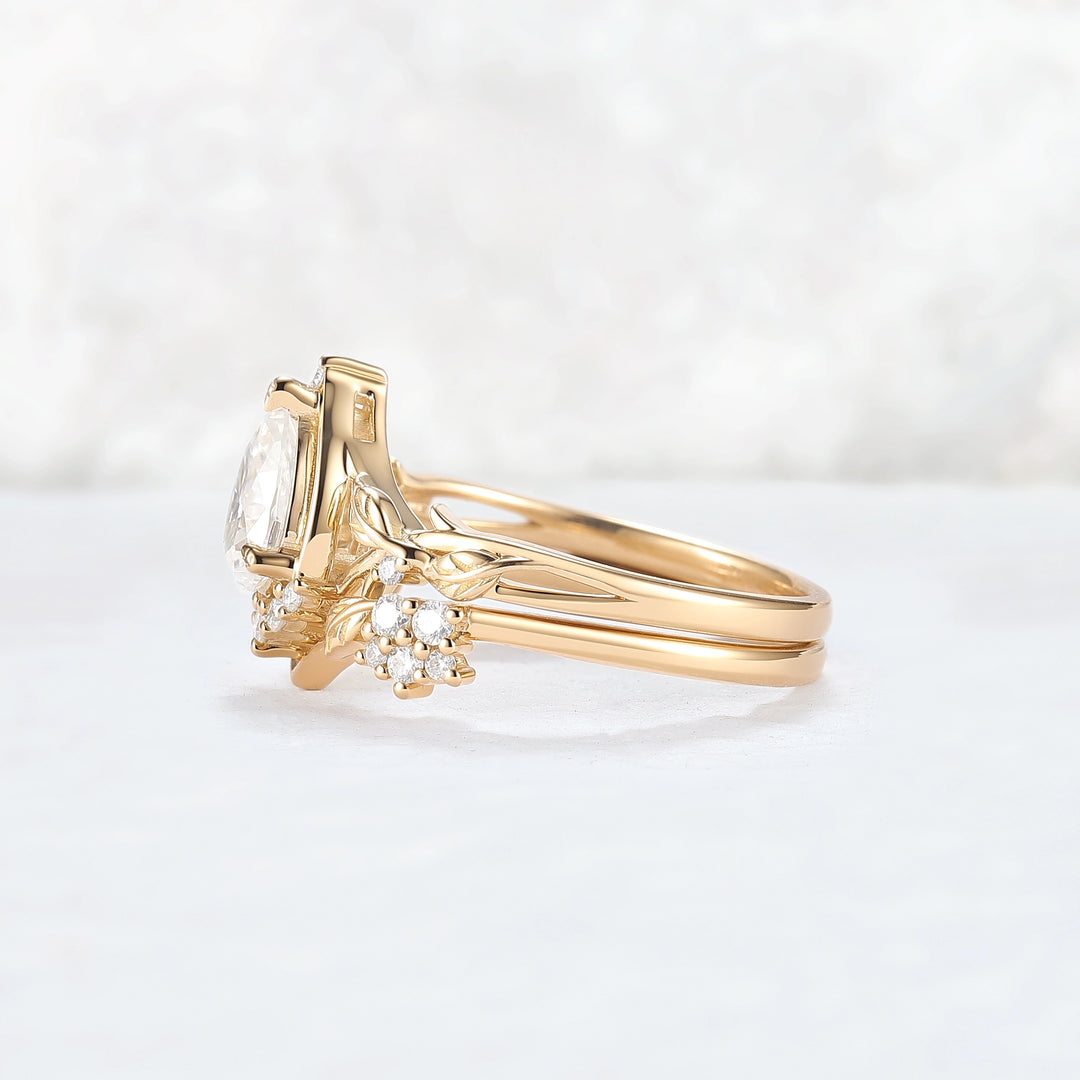 Nature Inspired Pear Cut Moissanite Leaves Gemstone Ring Set 2pcs