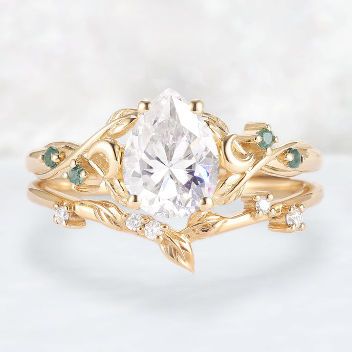 Nature Inspired Pear Cut Moissanite Moon Gemstone Ring Set 2pcs