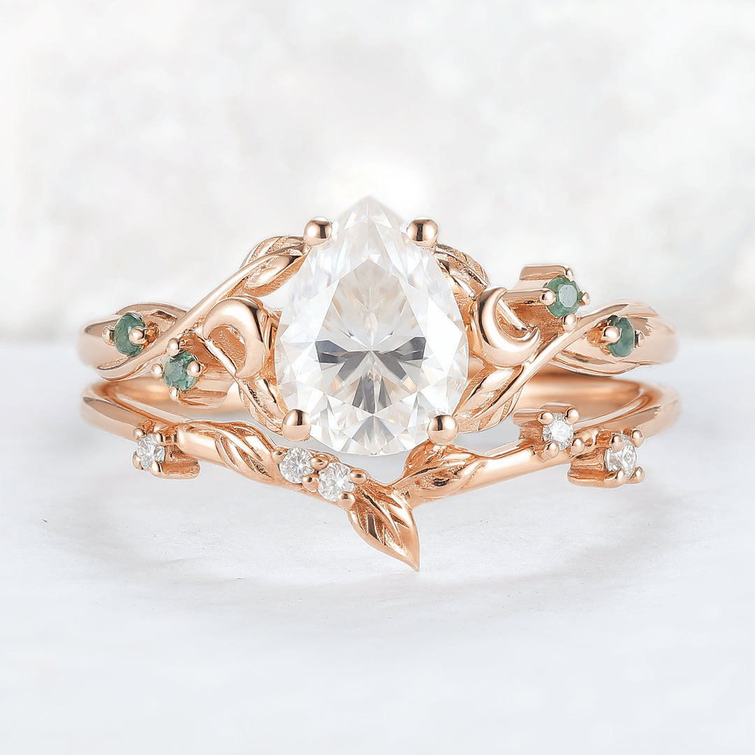 Nature Inspired Pear Cut Moissanite Moon Gemstone Ring Set 2pcs
