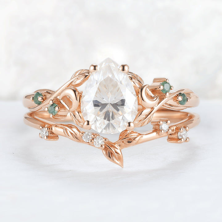 Nature Inspired Pear Cut Moissanite Moon Gemstone Ring Set 2pcs
