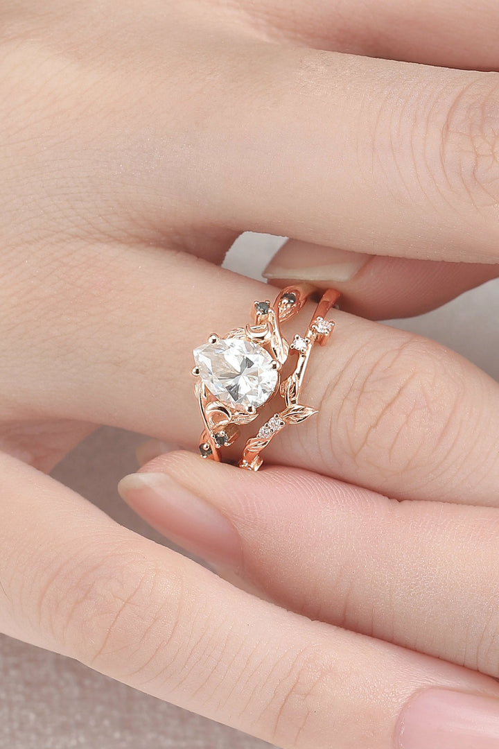 Nature Inspired Pear Cut Moissanite Moon Gemstone Ring Set 2pcs