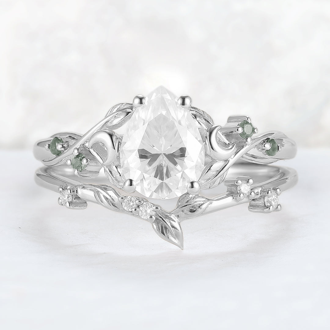 Nature Inspired Pear Cut Moissanite Moon Gemstone Ring Set 2pcs