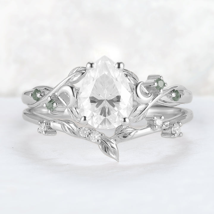 Nature Inspired Pear Cut Moissanite Moon Gemstone Ring Set 2pcs