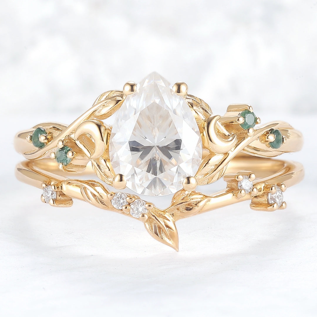 Nature Inspired Pear Cut Moissanite Moon Gemstone Ring Set 2pcs
