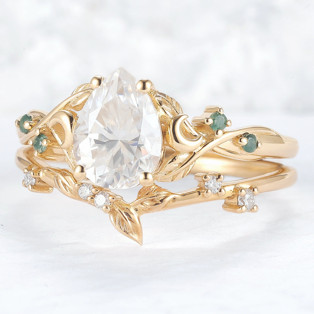 Nature Inspired Pear Cut Moissanite Moon Gemstone Ring Set 2pcs