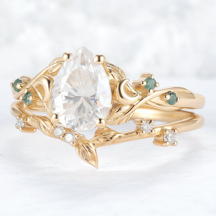 Nature Inspired Pear Cut Moissanite Moon Gemstone Ring Set 2pcs