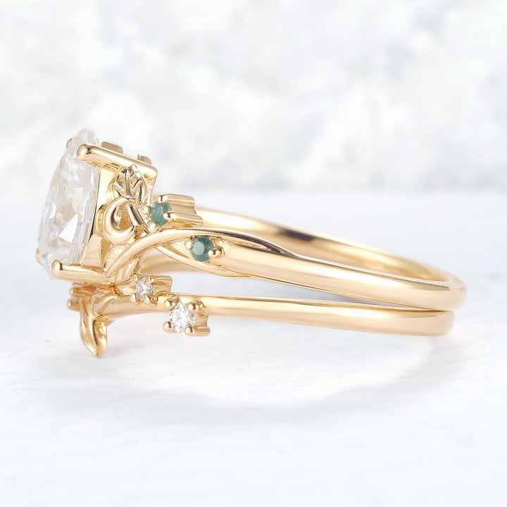Nature Inspired Pear Cut Moissanite Moon Gemstone Ring Set 2pcs
