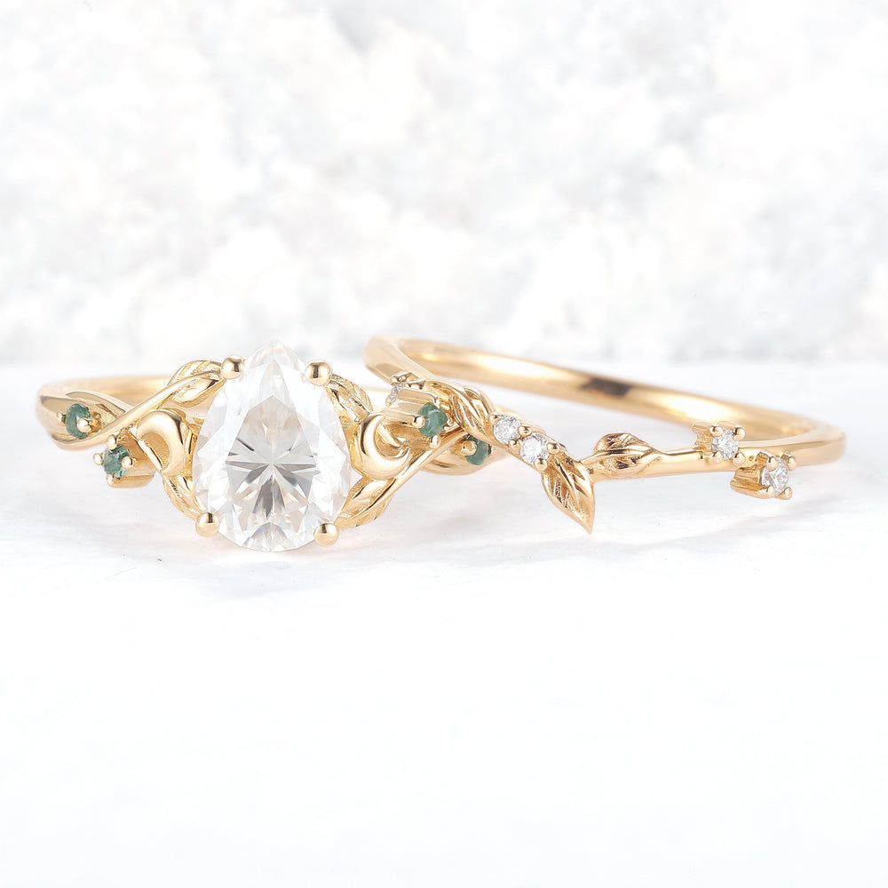 Nature Inspired Pear Cut Moissanite Moon Gemstone Ring Set 2pcs