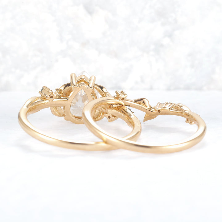 Nature Inspired Pear Cut Moissanite Moon Gemstone Ring Set 2pcs - Iver Jewelry