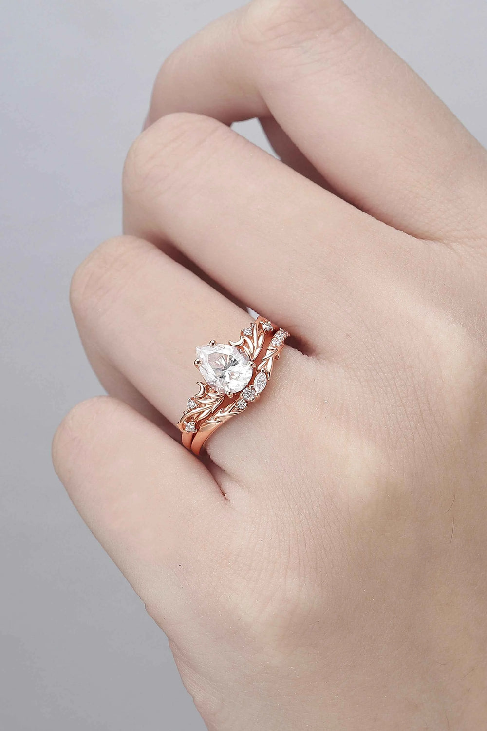 Nature Inspired Pear Cut Moissanite Tender Young Leaves and Moon Ring Set 2pcs