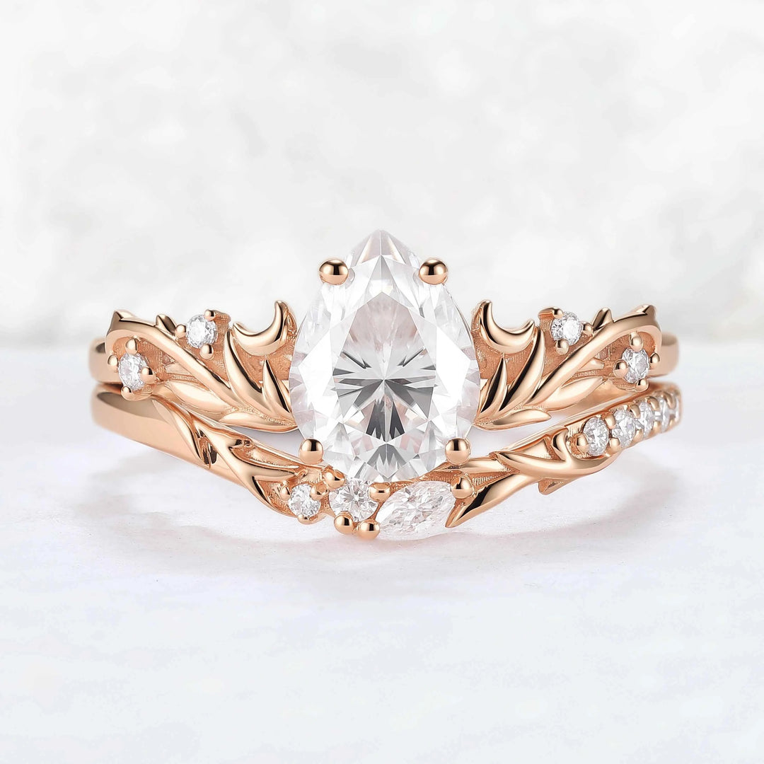Nature Inspired Pear Cut Moissanite Tender Young Leaves and Moon Ring Set 2pcs