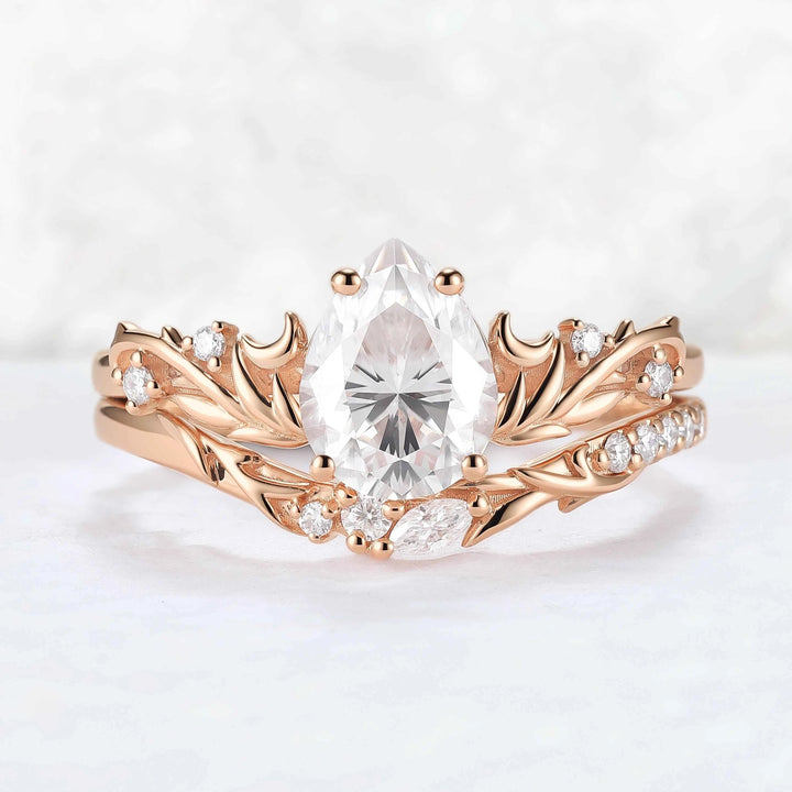 Nature Inspired Pear Cut Moissanite Tender Young Leaves and Moon Ring Set 2pcs