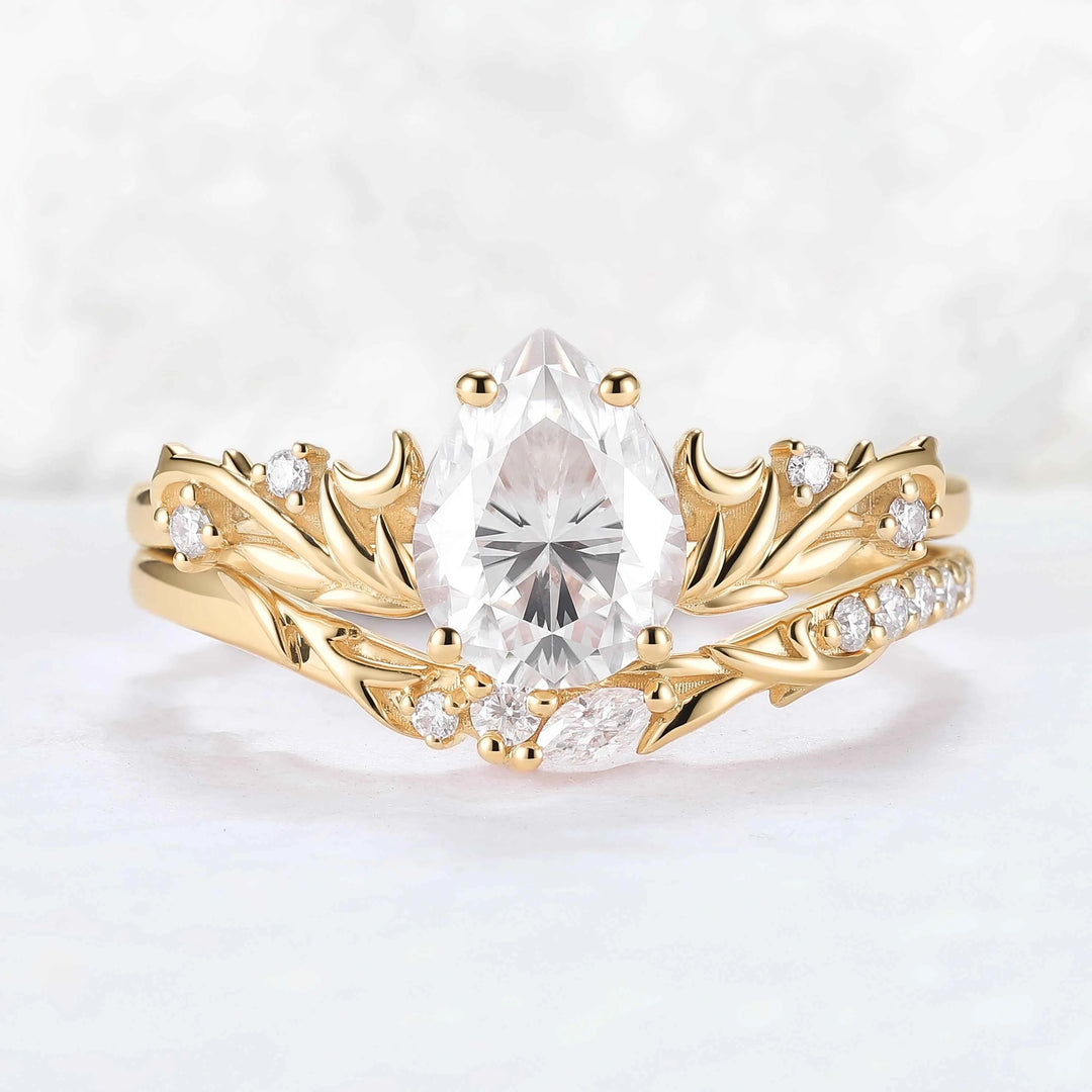 Nature Inspired Pear Cut Moissanite Tender Young Leaves and Moon Ring Set 2pcs